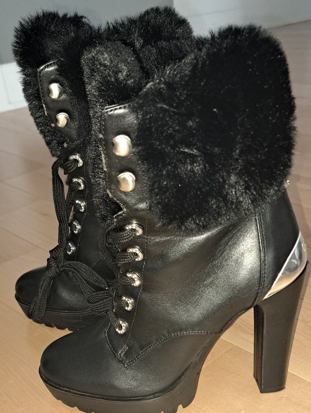 WOW PRICE! Guess, Black Faux-Fur Lace-Up High Heel Ankle Boots. Sparkly Eyelets